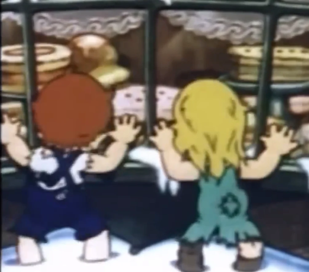 Two animated children gaze into a bakery window.